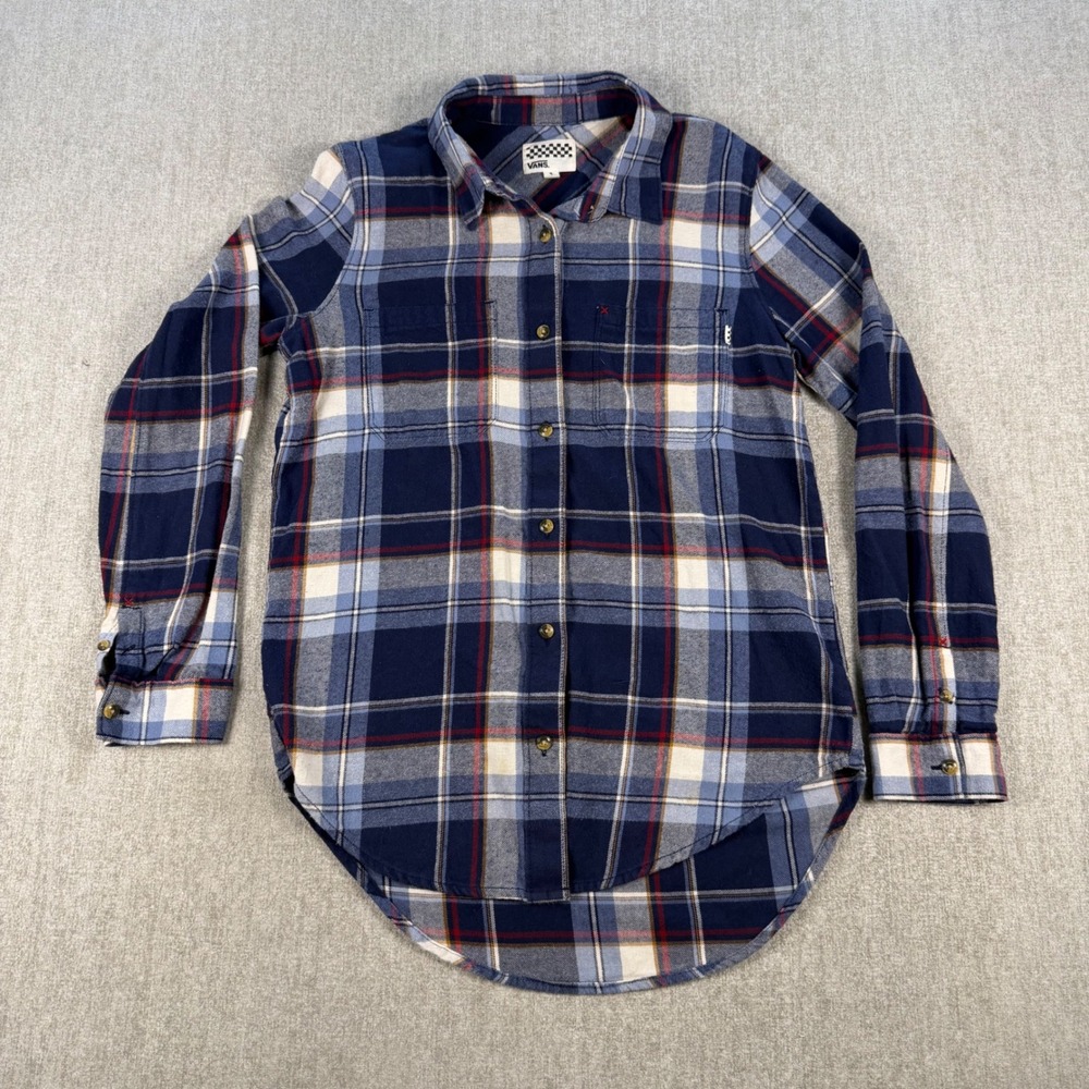Vans Flannel Shirt Womens Small Blue Plaid Long Sleeve Button Down Pockets